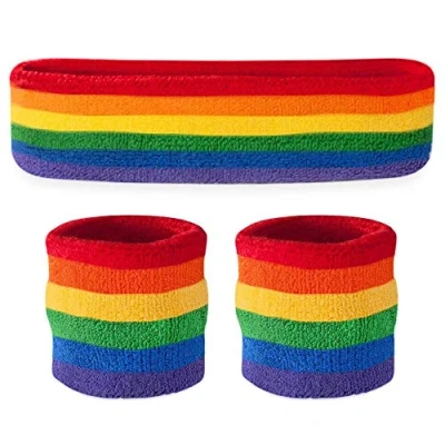 Abbildung von TRIXES Regenbogen Stirnband und Schweissband für Erwachsene Größe Unisex Armband in den Regenbogenfarben ideal beim Sport LGBT Events