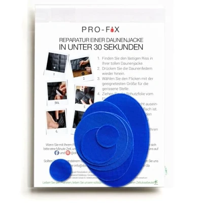 Abbildung von DJR PRO FIX: Einfach zu verwendende Flicken Sets für Daunenjacken Selbstklebende, wasserfeste, reißfeste zur Reparatur von Kleidung, Schlafsäcken, Zelten, Outdoor Ausrüstung Königsblau