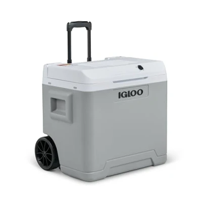 Abbildung von IGLOO IE42 AC/DC elektrische Kühlbox mit Telekop Griff und Rollen, 42 Liter, Mini Kühlschrank für Auto Steckdose, 12V 230V, grau