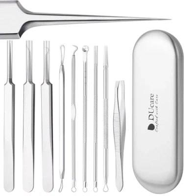 Abbildung von DUcare Mitesserentferner Komedonenquetscher Set 9 Stück Blackhead Remover aus Edelstahl mit Box Professionelles Extraktionspinzetten für Whiteheads Mitesser Akne alle Hauttypen