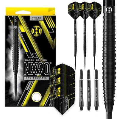Abbildung von Harrows NX90 Black Edition Darts Set mit 90% Wolframstahlspitze, 21 g, 22 23 24 25 g und 26 inklusive schwarzen Supergrip Midi Schäften Micron Flights (22 Grams)