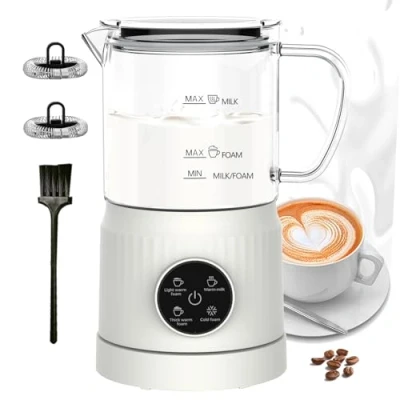 Abbildung von 4 in 1 Milchaufschäumer Elektrisch und Milchwärmer, Automatische Milchschäumer für Heiß &amp; Kalt, Elektrischer Visuelles Glas, Schaum Maker Kaffee, Latte, Cappuccino, Weiß