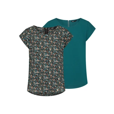 Abbildung von ONLY Damen Top ONLVIC 2er Pack Basic Shirt Rundhals Regular Fit Bluse Kurzarm Oberteil Reißverschluss Muster Sommer Grün 44, Größe:44, Farbe:Deep Teal (15284243)