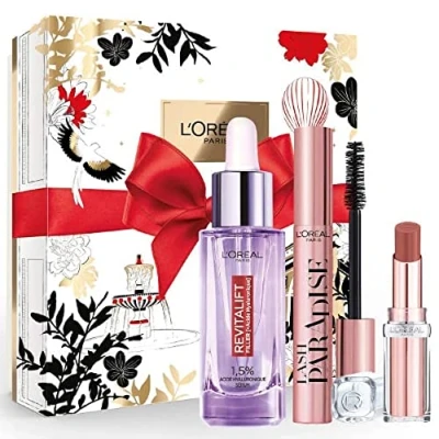 Abbildung von L&#039;Oréal Paris Geschenkset für Damen, luxuriös, 1 Anti Falten Serum, Hyaluronsäure + schwarze Mascara, Rizinusöl Lash Paradise feuchtigkeitsspendender Lippenbalsam Glow Nude