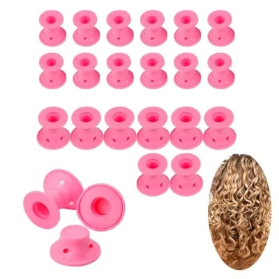 Abbildung von 24x Lockenwickler aus Silikon für Sie Einfaches Styling, zum Einschlafen Schönheitshilfe ohne Hitze Rosa 12x groß, klein. Haarstyling. Von TRIXES