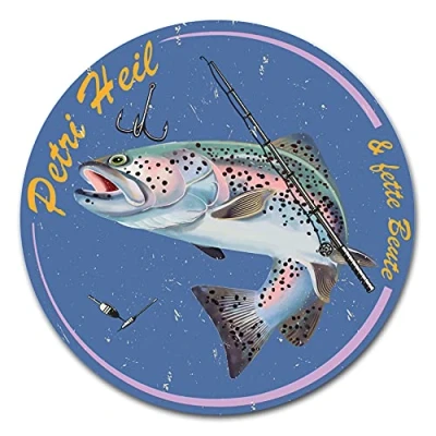 Abbildung von Finest Folia Fisch Aufkleber im Retro Stil 10x10cm Angeln Fischen Vintage Sticker für Auto Boot Angelkoffer Angel Zubehör wetterfest R164 (03 Forelle, Petri Heil)