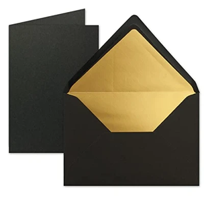 Abbildung von FarbenFroh by GUSTAV NEUSER 10 Sets Faltkarten DIN A5 Schwarz mit Umschläge C5 Gold Metallic Futter 14,8 x 21 cm