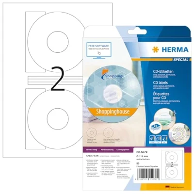 Abbildung von HERMA 5079 CD DVD Etiketten inkl. Zentrierhilfe blickdicht, 25 Blatt, Ø 116 mm, 2 pro A4 Bogen, 50 Stück, selbstklebend, bedruckbar, matt, blanko Papier Klebeetiketten Aufkleber, weiß