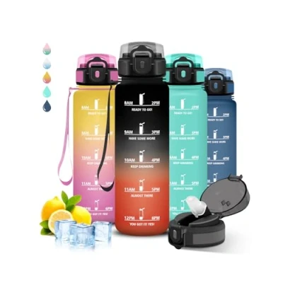Abbildung von Trinkflasche 1l Sport, mit Strohhalm, Auslaufsicher, Kohlensäure Geeignet, Kann dir Tragen, Zeitmarkierung, Wasserflasche für Läuft, Yoga