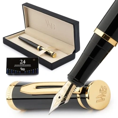 Abbildung von Wordsworth &amp; Black Füllfederhalter Set, extra feine Feder, inklusive 24 Tintenpatronen und Kolbenkonverter, Geschenkbox, Tagebuch, Kalligraphie, Gold Schwarz