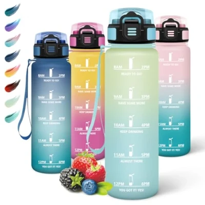 Abbildung von Motswedi Trinkflasche mit Strohhalm, 1L BPA Frei, Sport, Auslaufsicher, Wasserflasche, Kohlensäure Geeignet, Trinkflaschen, Flasche für Yoga, Schule, Outdoors, Beige Hellblau