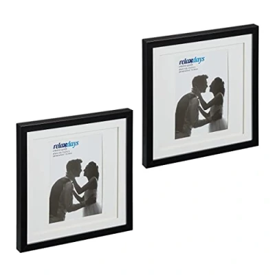 Abbildung von Relaxdays Bilderrahmen 2er Set, 25x25 cm, quadratisch, Fotorahmen zum Aufhängen oder Hinstellen, Passepartout, schwarz