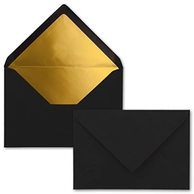 Abbildung von Kuverts in Schwarz 25 Stück Brief Umschläge DIN C6 114 x 162 mm 11,4 16,2 cm Naßklebung matte Oberfläche &amp; Gold Metallic Fütterung ohne Fenster für Einladungen