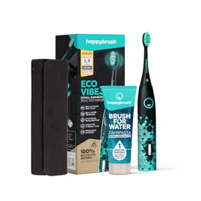 Abbildung von happybrush Elektrische Schallzahnbürste Zahnbürste Schall VIBE 3 Schwarz/Mint mit Aufsteckbürste, Travelcase &amp; Brush for Water Zahnpasta