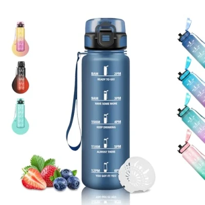 Abbildung von Trinkflasche 1 liter Sport, Auslaufsicher, Leicht zu Reinigen, Kohlensäure Geeignet, Wasserflasche für Fahrrad, Schule, Camping, Wandern, Running, Marineblau