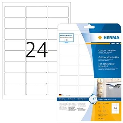 Abbildung von HERMA 9532 Wetterfeste Folienetiketten, 10 Blatt, 63,5 x 33,9 mm, 24 pro A4 Bogen, 240 Stück, selbstklebend, bedruckbar, matt, blanko Outdoor Klebeetiketten Aufkleber aus Polyethylen, weiß