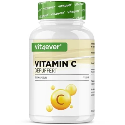 Abbildung von Vitamin C gepuffert 365 Kapseln Hochdosiert mit 1000mg je Tagesdosis Aus pflanzlicher Fermentation pH neutral &amp; sehr gut verträglich Laborgeprüft Vegan
