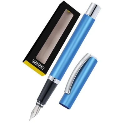 Abbildung von ONLINE Füller Vision Blue I Eleganter Füllfederhalter mit Iridium Feder M Für Standard Tintenpatronen &amp; Konverter Matt gebürstete Aluminium Oberfläche Blauer Füllhalter in Geschenkverpackung