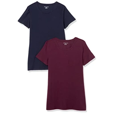 Abbildung von Amazon Essentials Damen Kurzärmeliges T Shirt mit Rundhalsausschnitt, Klassischer Schnitt, 2er Pack, Burgunderrot/Marineblau, XXL