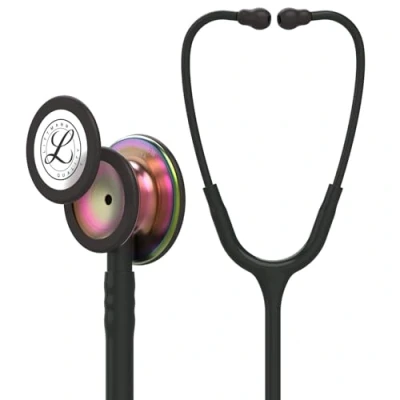 Abbildung von 3M Littmann Classic III Stethoskop zur Überwachung, 5870, regenbogenfarbenes Bruststück, Schlauchanschluss und Ohrbügel in Schwarz, schwarzer Schlauch, 69 cm