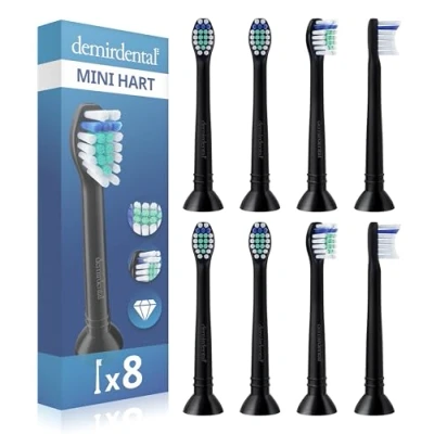 Abbildung von 8er demirdental Mini Hart Aufsätze passend für Philips Sonicare Ersatzbürsten, Harte kompakte Bürstenköpfe, Kurzköpfe, Schwarz, entspricht HX7048b