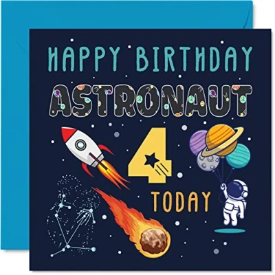 Abbildung von Geburtstagskarte zum 4. Geburtstag für Jungen Weltraum Astronautenkosmos 4 Jahre Mädchen 145 mm x Grußkarte Sohn Tochter Nichte Neffe Enkel