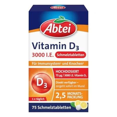 Abbildung von Abtei Vitamin D3 3000 I.E. unterstützt Immunsystem und Knochen glutenfrei, laktosefrei vegetarisch 75 Schmelztabletten mit Zitronengeschmack