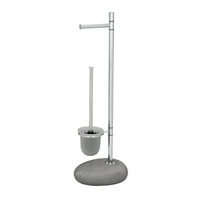 Abbildung von WENKO Offene WC Garnitur Pebble Stone mit integriertem Toilettenpapierhalter, natürliche Steinoptik, inkl. Bürste auswechselbarem Bürstenkopf, hochwertiger Kunststein, 23,5 x 70 19 cm, Grau