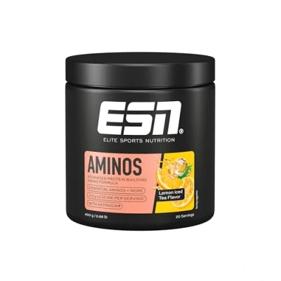 Abbildung von ESN AMINOS, Lemon Iced Tea, 400 g, feines Amino Pulver mit essentiellen Aminosäuren &amp; Astragin, 3,2 g Leucin pro Portion, ideale Löslichkeit, vegan, geprüfte Qualität made in Germany