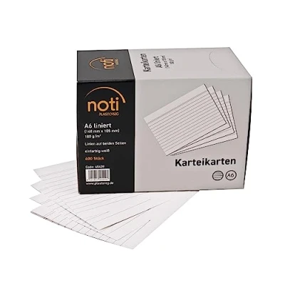 Abbildung von Karteikarten A6, 148 x 105mm liniert, weiß, 400 Stück in praktischer Spenderbox, für Vokabeln, als Lernkarten, Moderationskarten, Büro und Schule 180g/m²