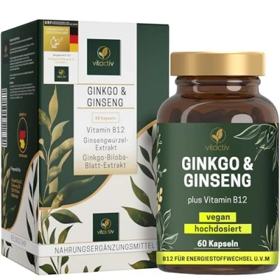 Abbildung von VITACTIV Ginkgo &amp; Ginseng Kapseln 60 Stk. Hochdosiert, 5000mg und 1000mg Ginsengwurzel Plus Vitamin B12 Alternative zu Brain Booster Gedächtnis Vegan, Laborgeprüft