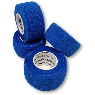 Abbildung von LisaCare Fingerpflaster selbsthaftend 4 Rollen Set je blaue Rolle 2,5cm x 4,5m blaues Tape sensitiv, wasserfest, selbstklebend, steril, elastisch (4er blau)