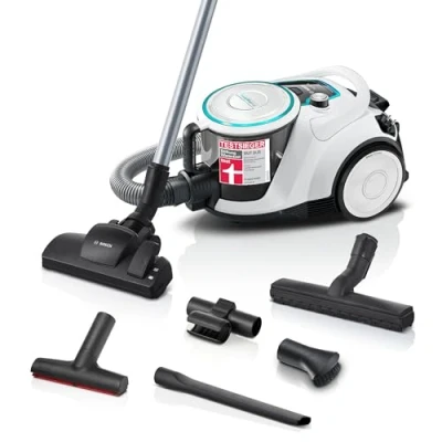 Abbildung von Bosch Staubsauger beutellos Serie 6 BGC41XHYG, Bodenstaubsauger, ideal für Allergiker, Hygiene Filter, 10 Jahre Motorgarantie, Bodendüse Parkett, Teppich, starke Saugleistung, leise, 700 W, weiß