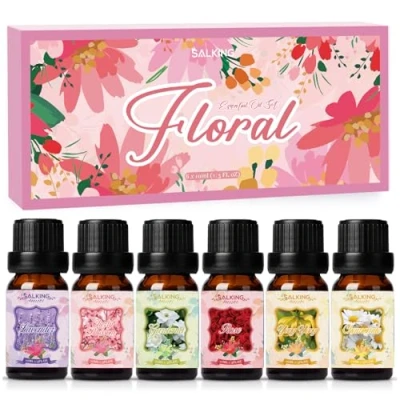 Abbildung von SALKING Blumen Ätherische Öle Set, Aromatherapie Duftöl GeschenkSet, Pure Duftöle für Diffuser Luftbefeuchter, 6x10 ml (Lavendel, Kirschblüte, Gardenie, Rose, Ylang Ylang, Kamille)