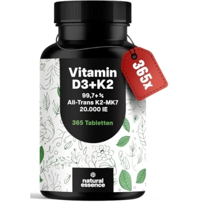 Abbildung von Vitamin D3 K2 hochdosiert 365 Tabletten mit 20000 IE Premium K2Vital® 99,7+% All Trans MK7 D ohne Zusätze Vegan und produziert in Deutschland