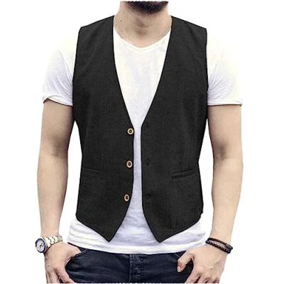 Abbildung von AeoTeokey Herren Sommer Leinenweste Anzug Weste Casual Regular Fit(Schwarz,3XL)