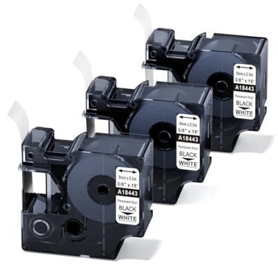 Abbildung von 3x Kompatibel für Dymo Rhino 18443 Etikettenband Industrie Vinyletiketten 9mm x 5,5m, Industrial Vinyl Schriftband Schwarz auf Weiß, 4200 5200 1000 3000 5000 6000 ILP219