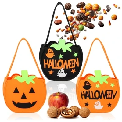 Abbildung von com four® 3X Halloween Tasche Beutel zum Sammeln von Süßigkeiten Sammeltasche aus Filz Geschenktasche mit kinderfreundlichen Gruselmotiven (03 Stück orange + schwarz)