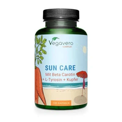 Abbildung von SUN CARE KOMPLEX Vegavero® 180 Kapseln Bräunungskapseln Beta Carotin, Vitamin E, Olivenblattextrakt, Tyrosin, Lycopin, Zink, Kupfer VEGAN &amp; Ohne Zusätze