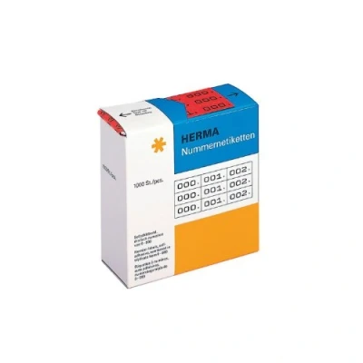 Abbildung von HERMA 4802 Nummernetiketten Zahlen 0 999, dreifach, 3000 Stück, 22 x 10 mm, selbstklebend, matt, 3fach fortlaufende Papier Zahlenetiketten Anlagenummern in Spenderbox, rot