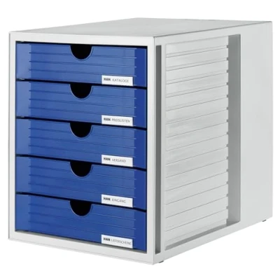 Abbildung von HAN Schubladenbox SYSTEMBOX mit 5 geschlossenen Schubladen für bis DIN C4, Schreibtisch oder im Schrank, inkl. Auszugsperre + Beschriftungsclip, möbelschonende Gummifüße, 1450 14, lichtgrau/blau