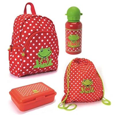 Abbildung von Familando Spiegelburg Kindergartenrucksack Set 4tlg. mit Turnbeutel, Brotdose, Trinkflasche für Mädchen ab 3 Jahre · rotes Motiv Frosch Kindergarten