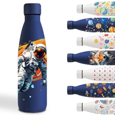 Abbildung von Trinkflasche 500ml, Edelstahl, Wasserflasche mit Planetenmuster, Personalisiert für Astronaut, Isolierflasche Doppelwandige, Schule, Camping, Running, Sport
