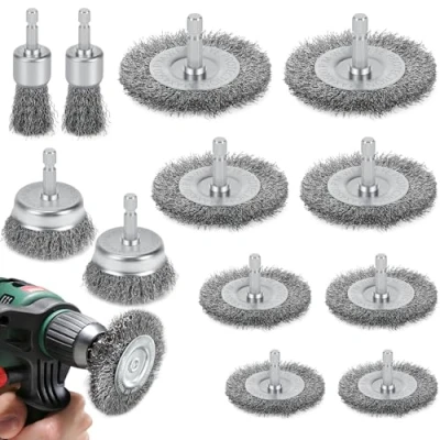 Abbildung von 12 Stück Drahtbürste Bohrmaschine, 6mm Akkuschrauber mit Sechskantstange, Drahtbürsten Set 6 Größen, Stahlbürste für Bohrmaschine zum Entfernen von Rost, Polieren