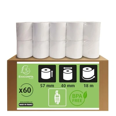 Abbildung von Exacompta 40753E 60er Pack Thermopapierrollen 1 lagig Breite: 57mm, Länge: 18m, Durchmesser Kern: 12mm 55g/m² rückseitig bedruckt für Kartenzahlung (EC Cash Geräte) Phenolfrei