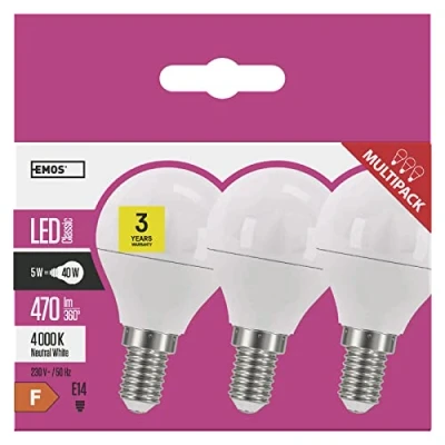Abbildung von EMOS LED Lampe 5W, ersetzt 40W Glühbirne, E14 Sockel, 470lm, Neutralweiß 4000K, Mini Globe G45, 30000 Stunden Lebensdauer, 3er Pack