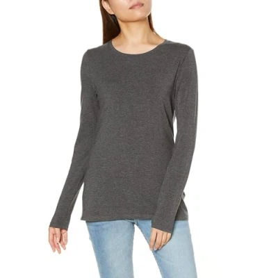 Abbildung von Amazon Essentials Damen Langärmeliges T Shirt mit Rundhalsausschnitt, Klassischer Schnitt (Erhältlich in Übergröße), Dunkelgrau Meliert, L