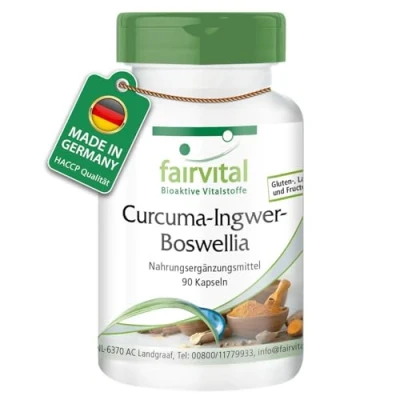 Abbildung von Fairvital Curcuma, Ingwer und Boswellia mit Vitamin C 90 Kapseln vegan schwarzem Pfeffer Extrakt