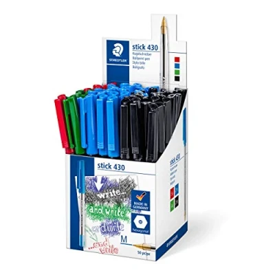 Abbildung von STAEDTLER Kugelschreiber mit Clip und Kappe, Linienbreite M, rot, grün, blau, schwarz, 50 im Thekendisplay, 430 M SCP5
