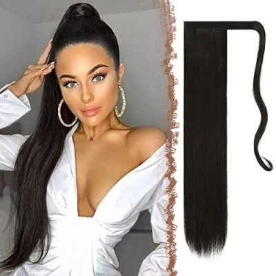 Abbildung von FESHFEN Lang Glattes Pferdeschwanz Haarteil Synthetik Haarverlängerung Zopf Haar Extension für Damen Mädchen, Dunkelstes Braun 60 cm